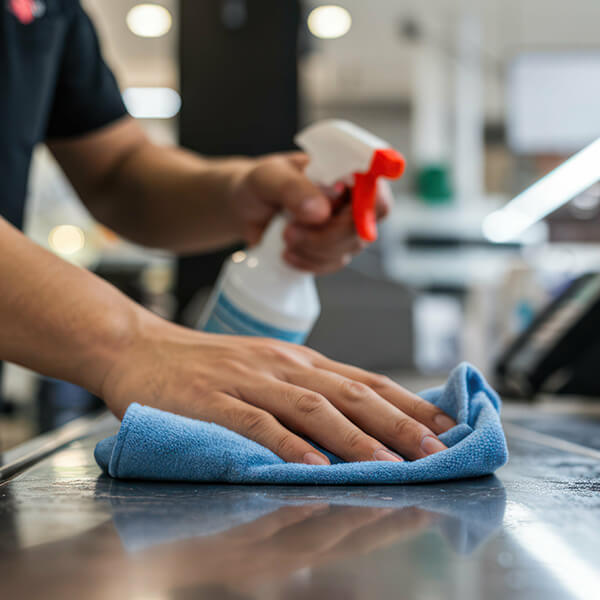 Person cleaning a surface with a blue cloth and spray bottle in a kitchen setting