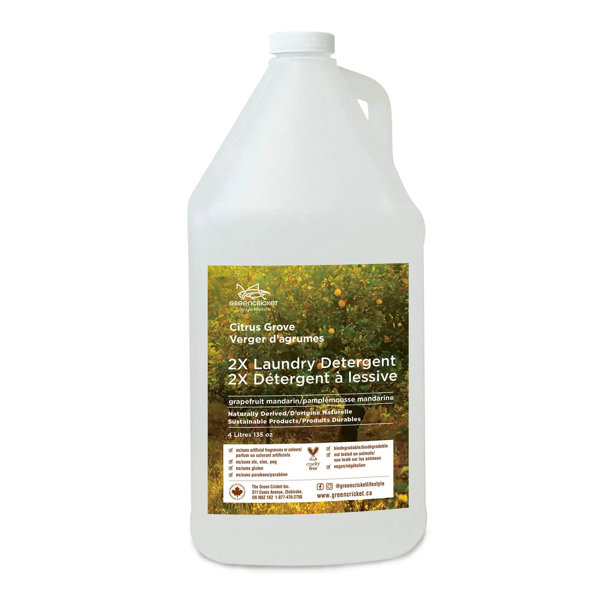 Gallon container of Green Cricket Citrus Grove laundry detergent on a white background