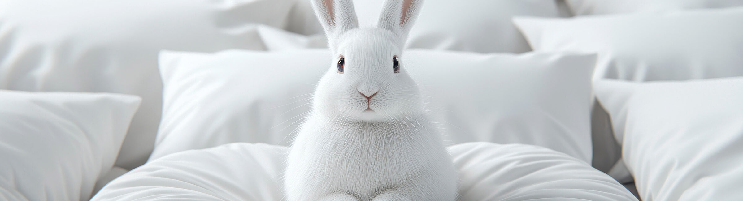 White rabbit surrounded by white pillows