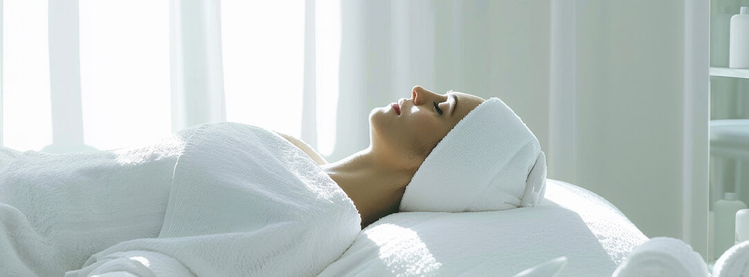 Person lying down with white towels draped over them in a spa
