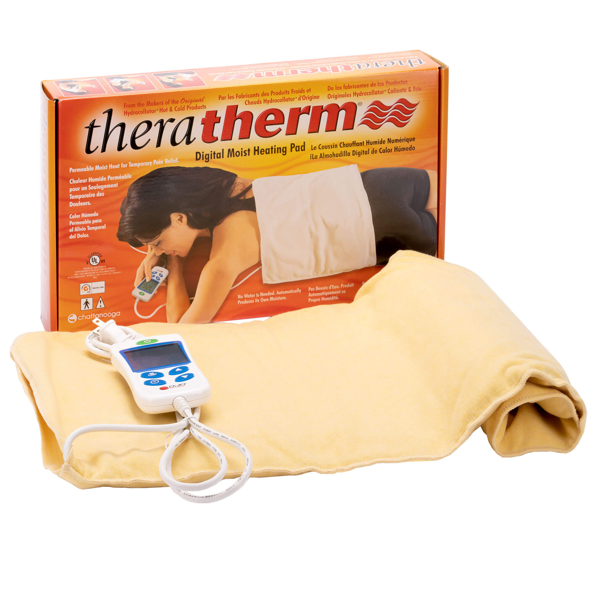 Theratherm Moist Heating pad out of box showing pad and control unit from WR Linens