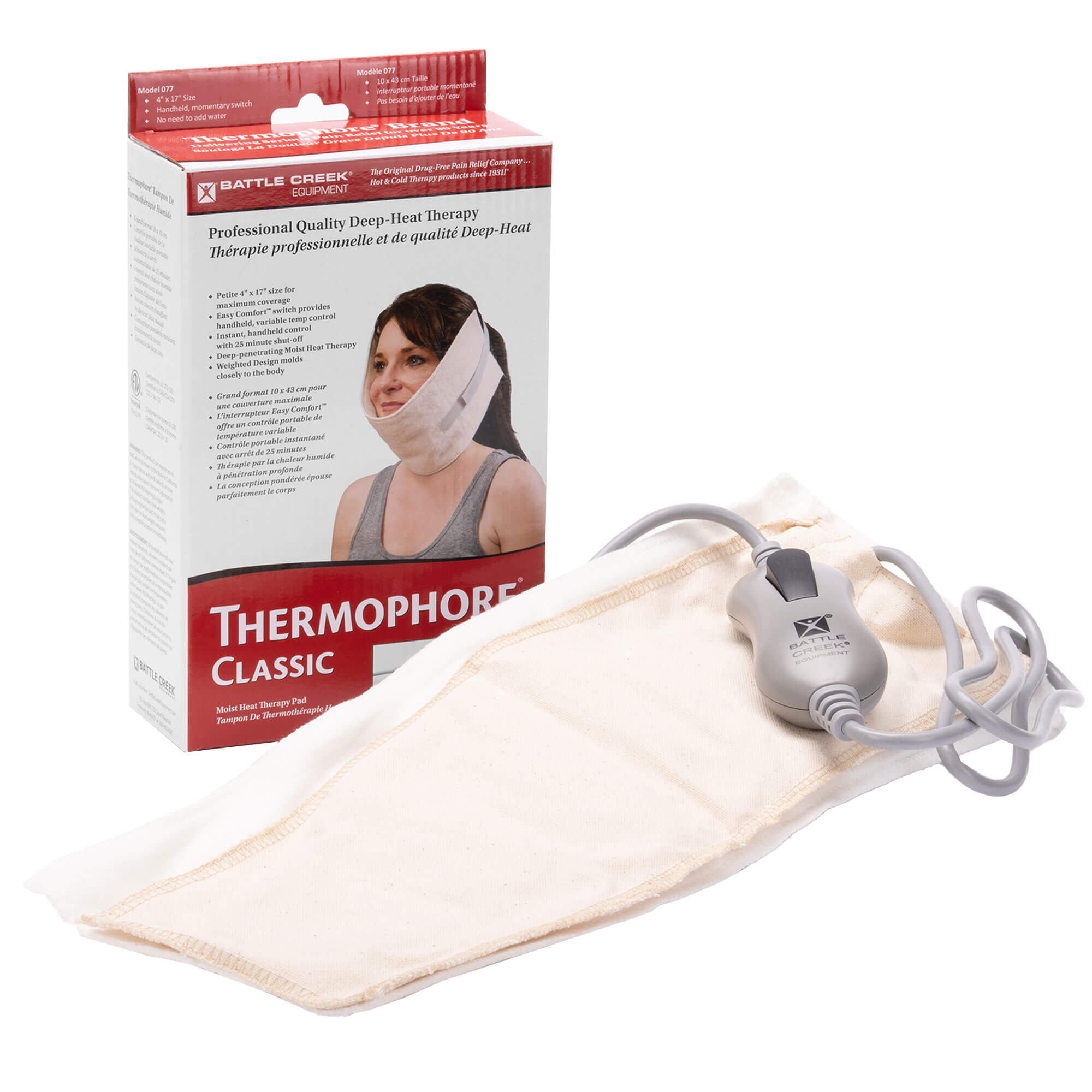 Thermophore Classic Cervical Heating Pad 4 x 17 out of box showing control unit from WR Linens