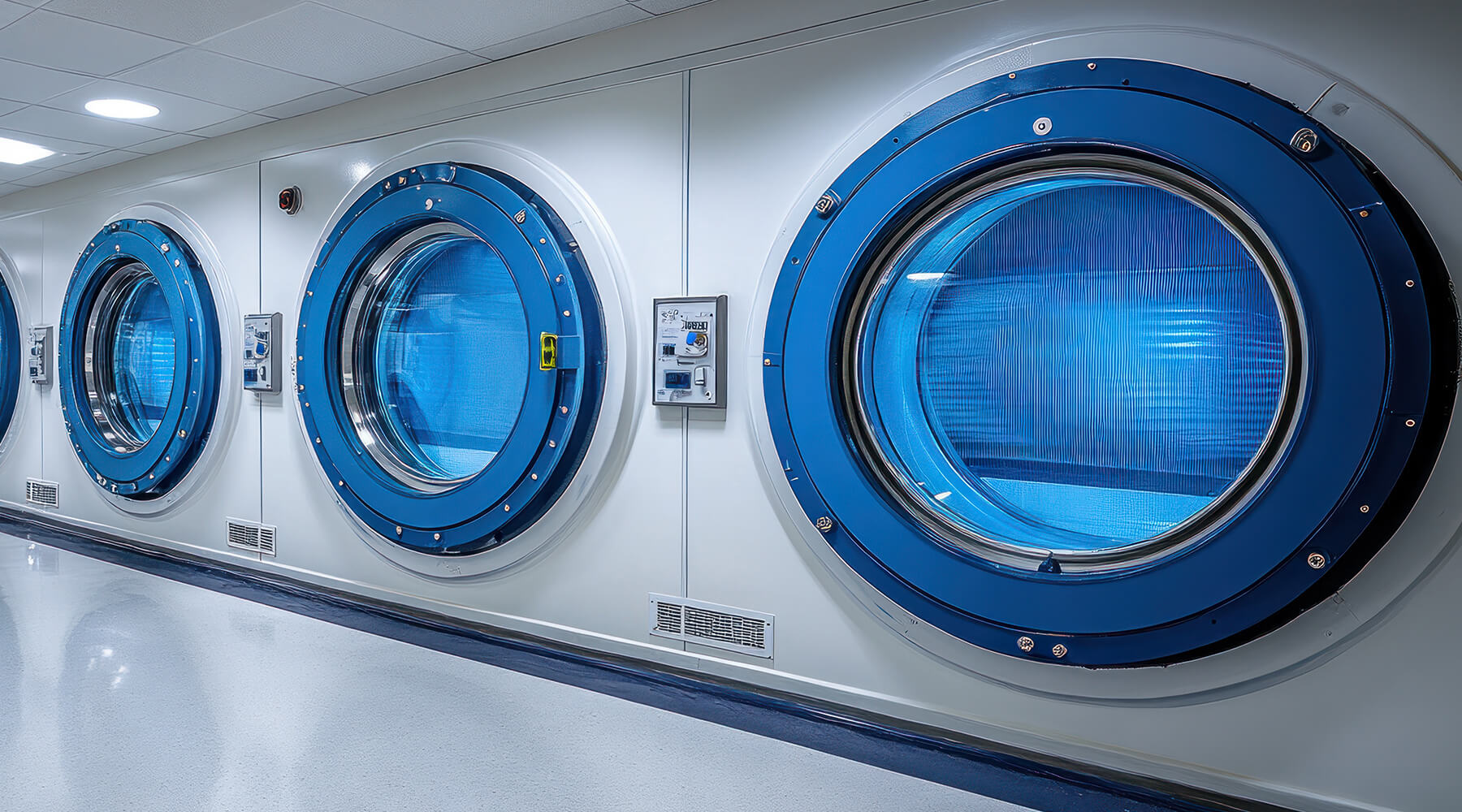 Commercial laundry dryers in a row.