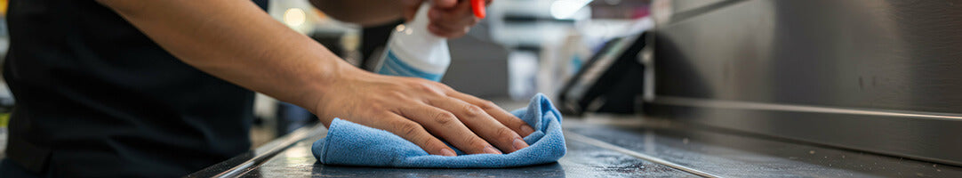 worker using disinfecting spray and wipes