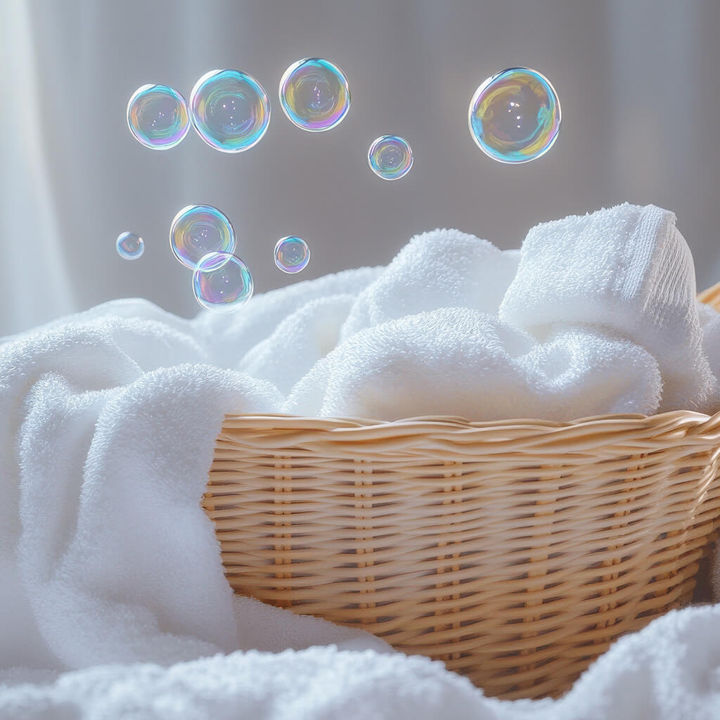 Laundry basket with fresh towels and bubbles