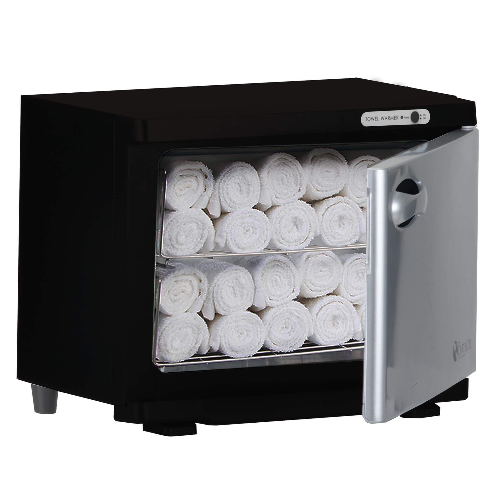 EarthLite Standard UV Hot Towel Cabinet door open showing towels