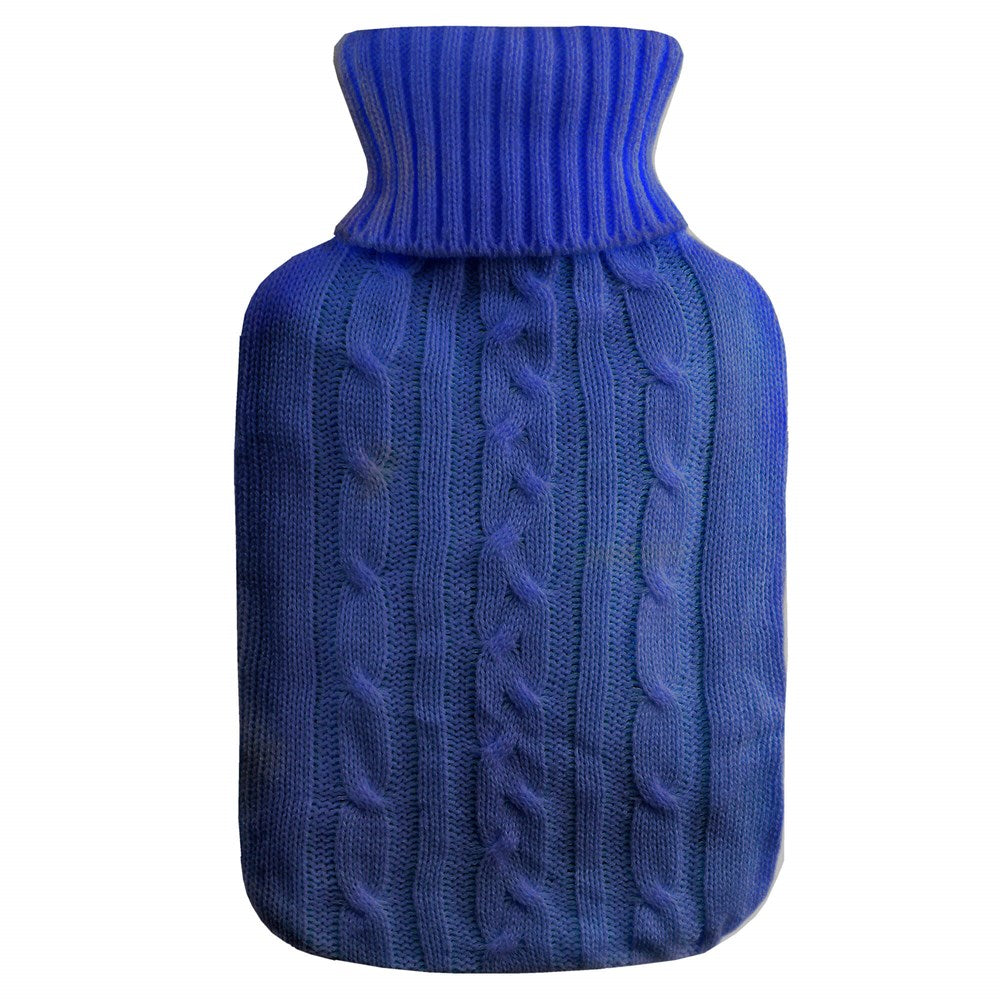 Blue knitted hot water bottle on a white background