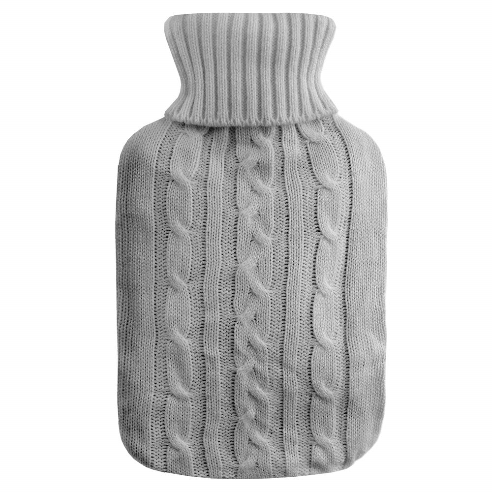 Gray knitted hot water bottle on a white background
