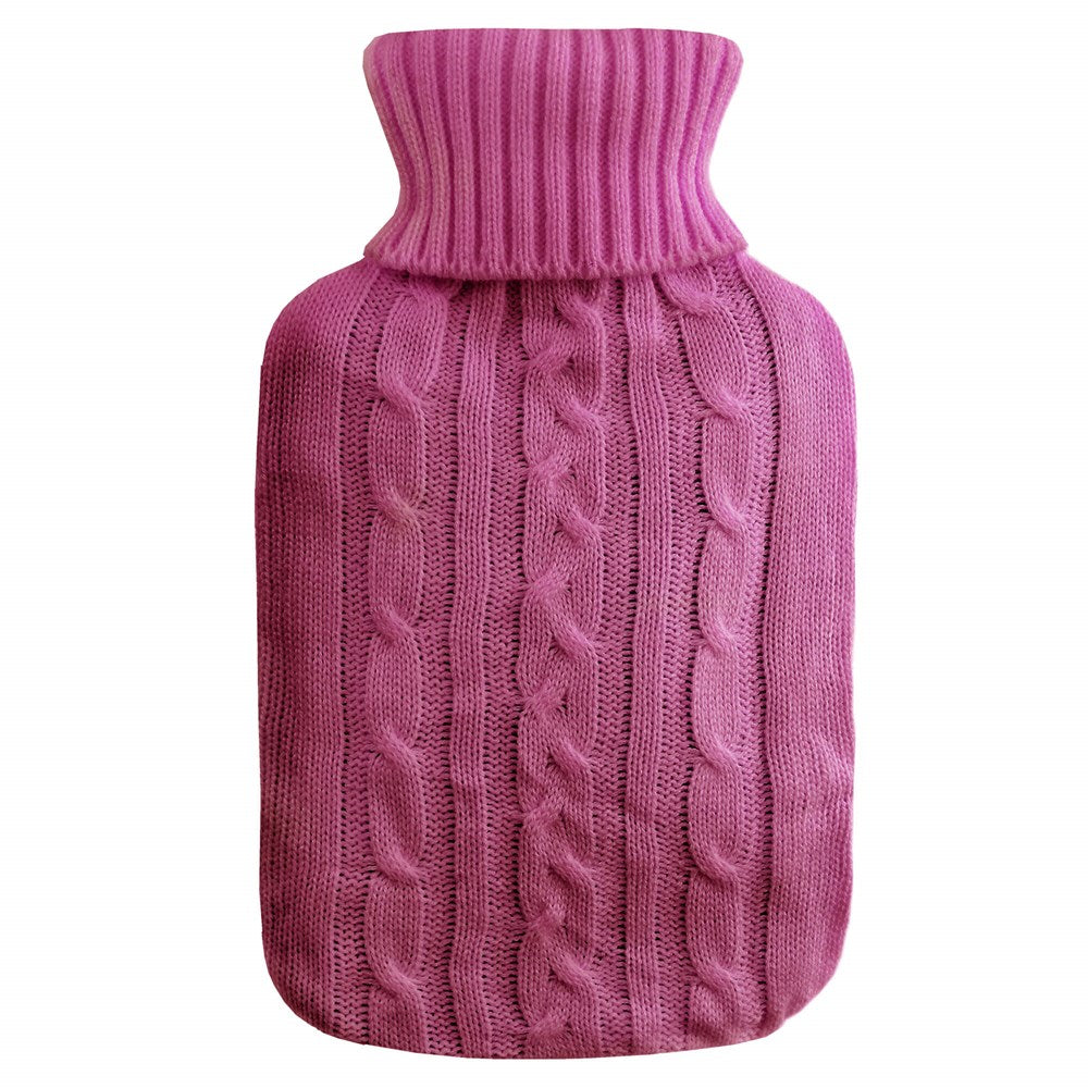 Pink knitted hot water bottle on a white background