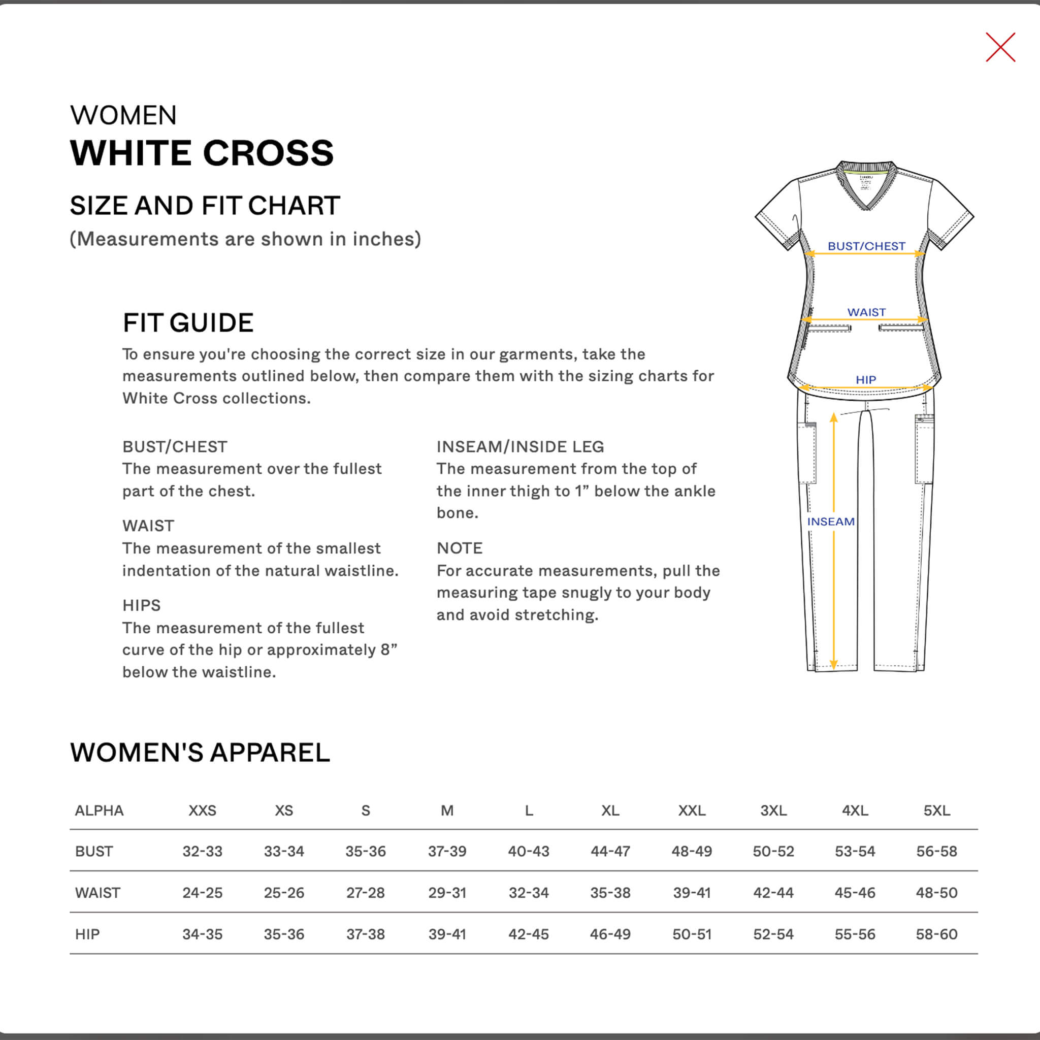 Sizing chart for modern lab coat with front zipper