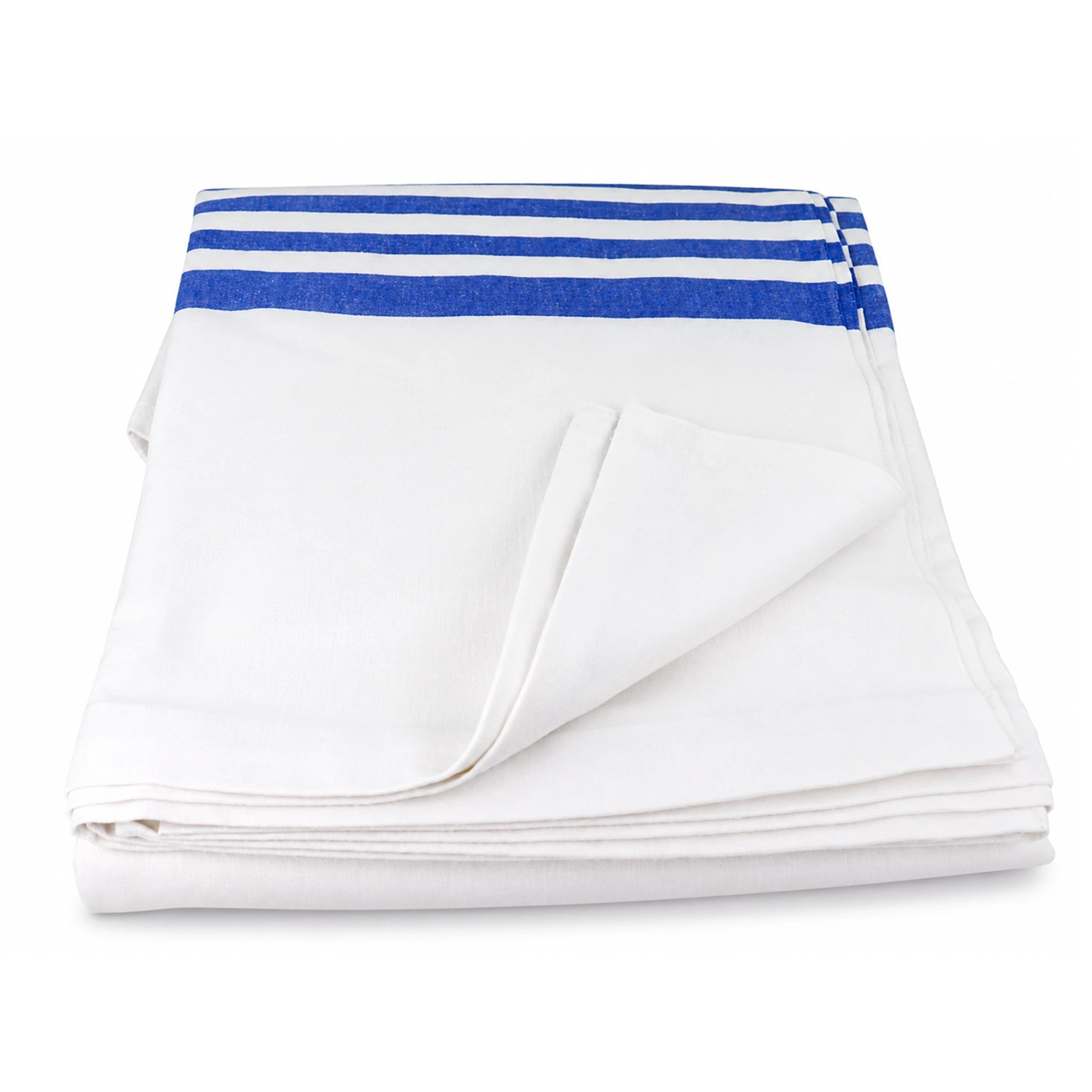 WR Linens folded Flannel Hospital Blanket 72x90 Inch with Blue Stripe Detail on White Background