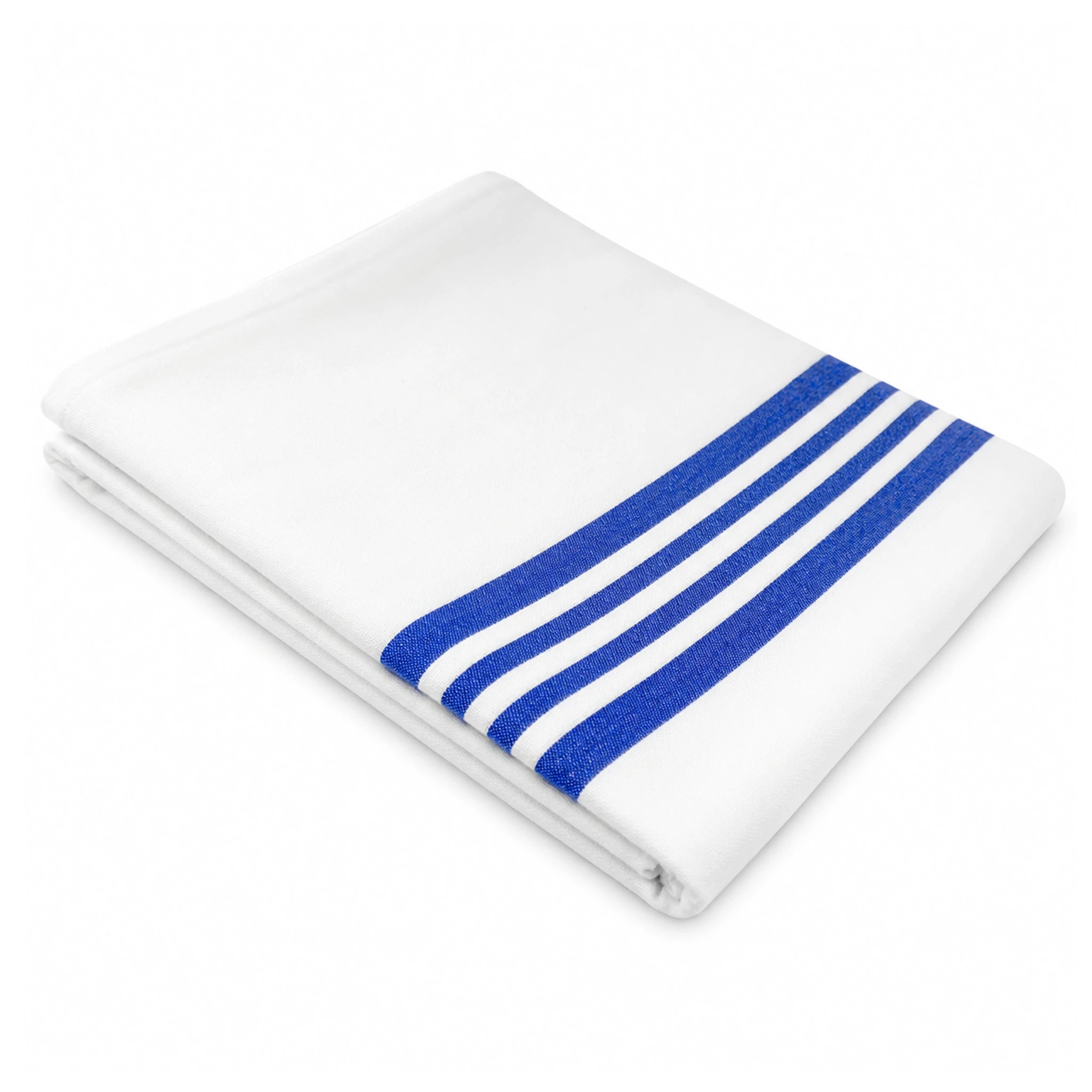 WR Linens Flannel Hospital Blanket 72x90 Inch White Blanket with Blue Stripes Folded on White Background