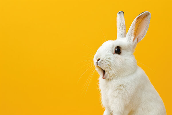 White Rabbit shouting about wrlinen sale on a bright yellow background