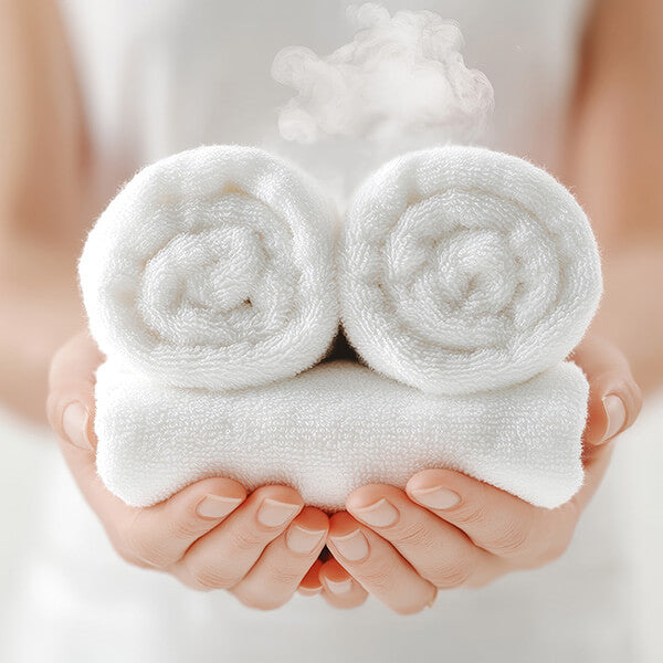 hospitality towels held in hands against a neutral background