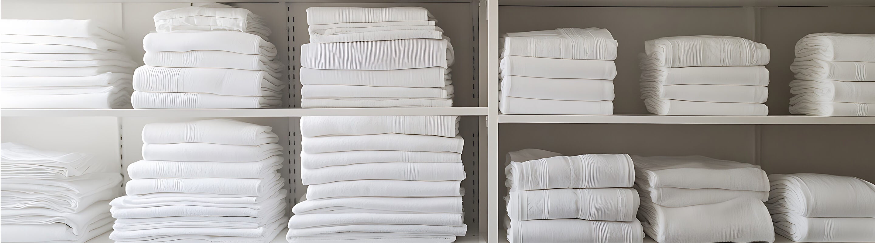 WR linen shelves with neatly folded white towels and sheets