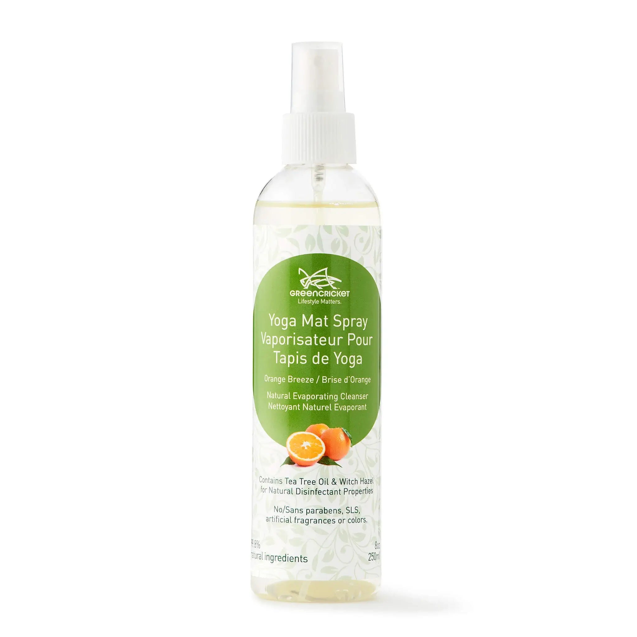 Green Cricket Yoga mat spray bottle with green label on a white background