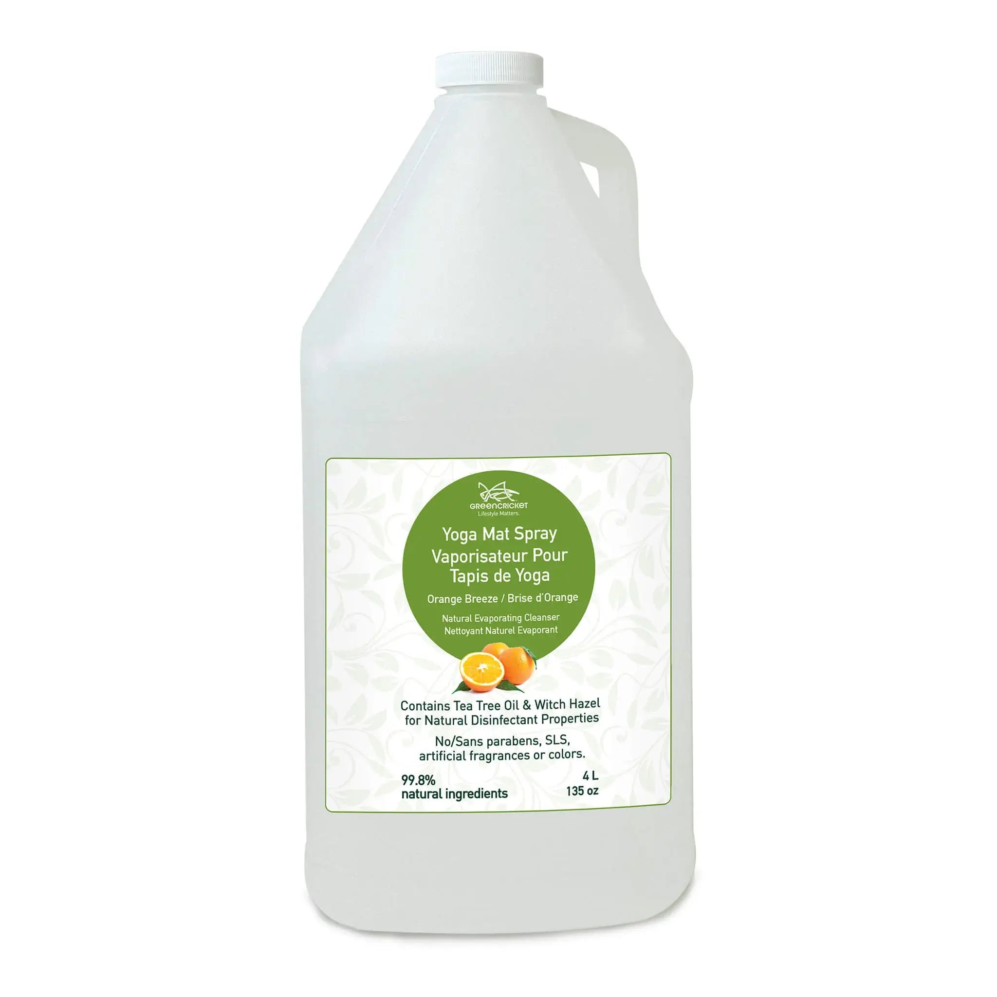Green Cricket Yoga mat spray bottle with a label on a white background