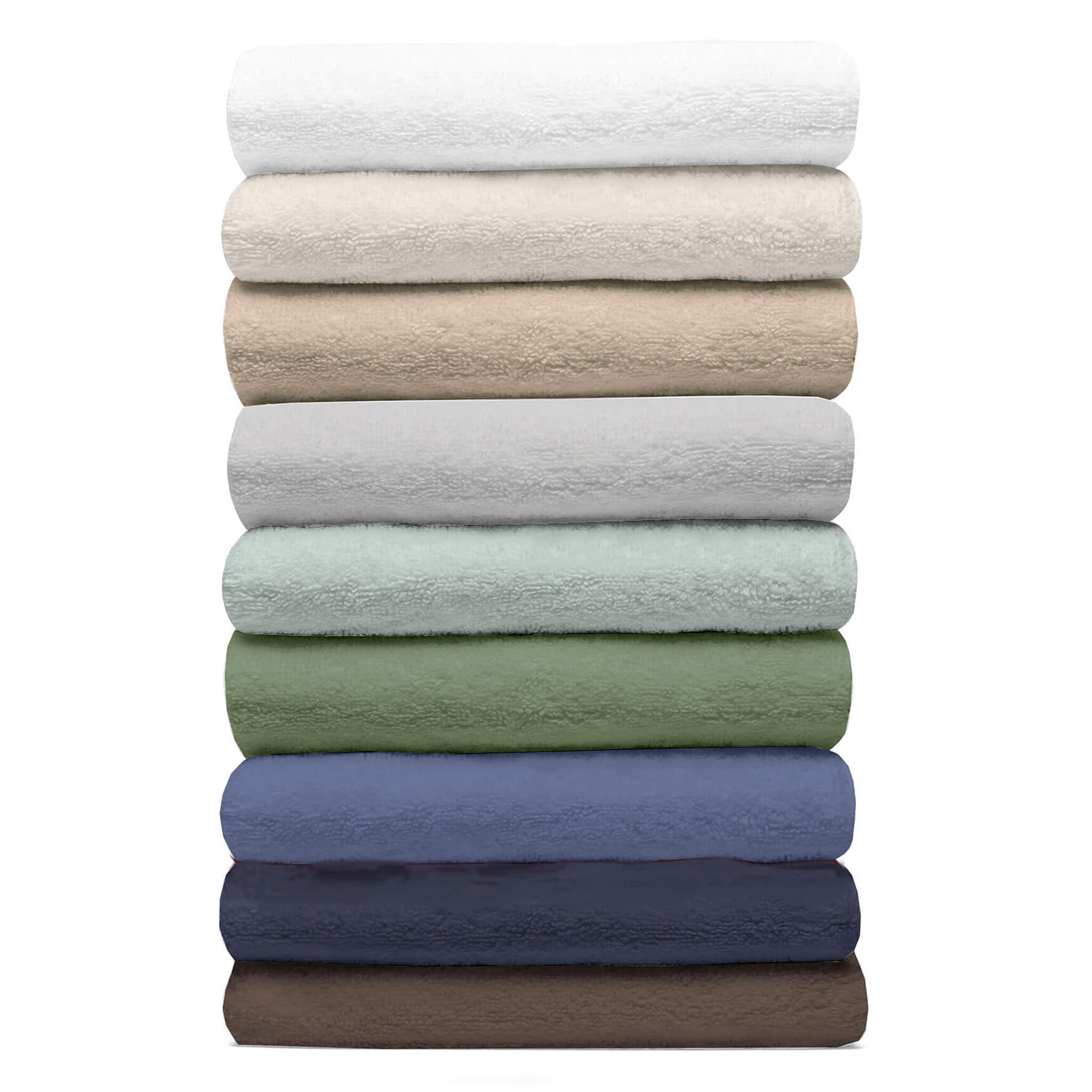 Stack of folded organic towels in various colours on a white background