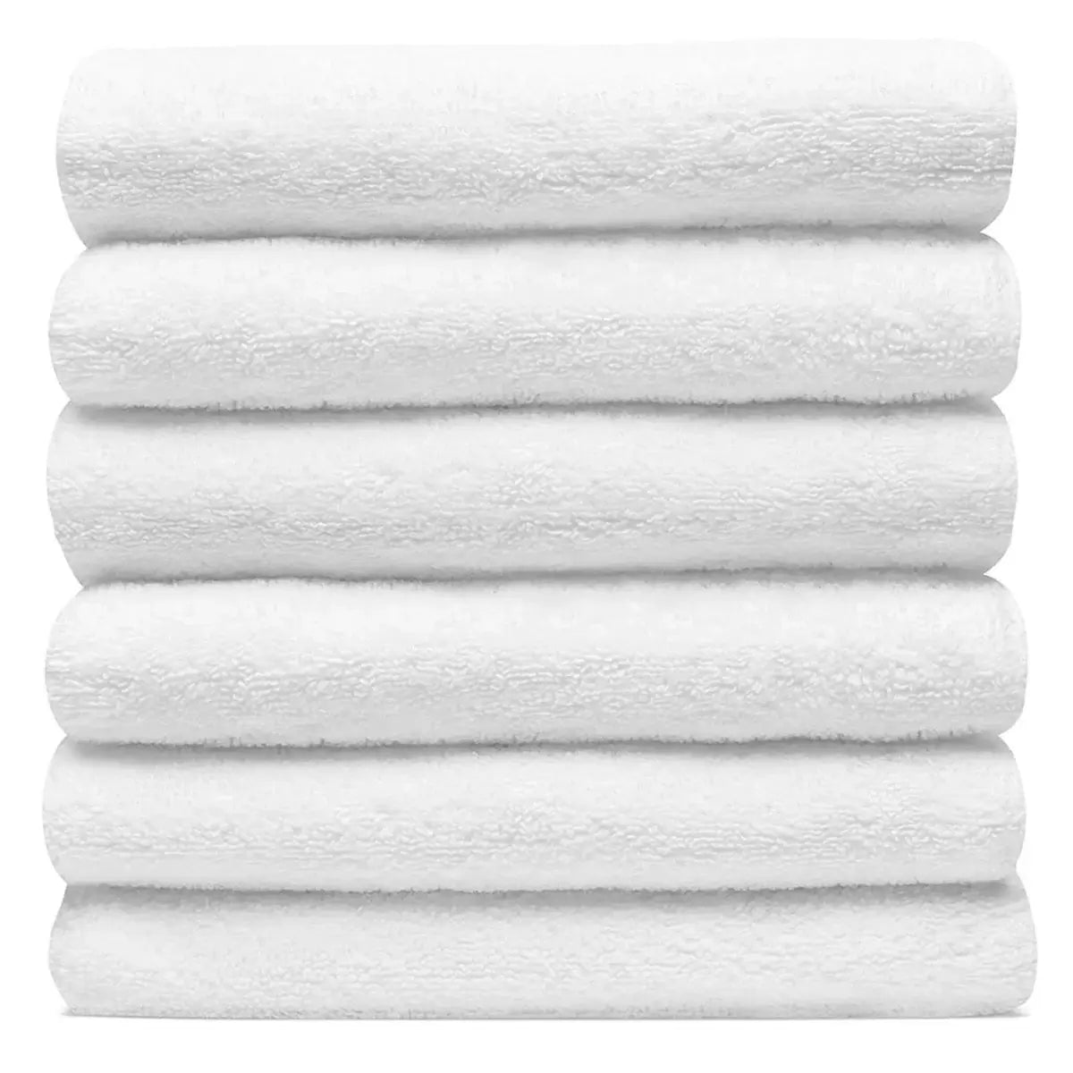 Stack of white 25 x 50 bath towels on a white background