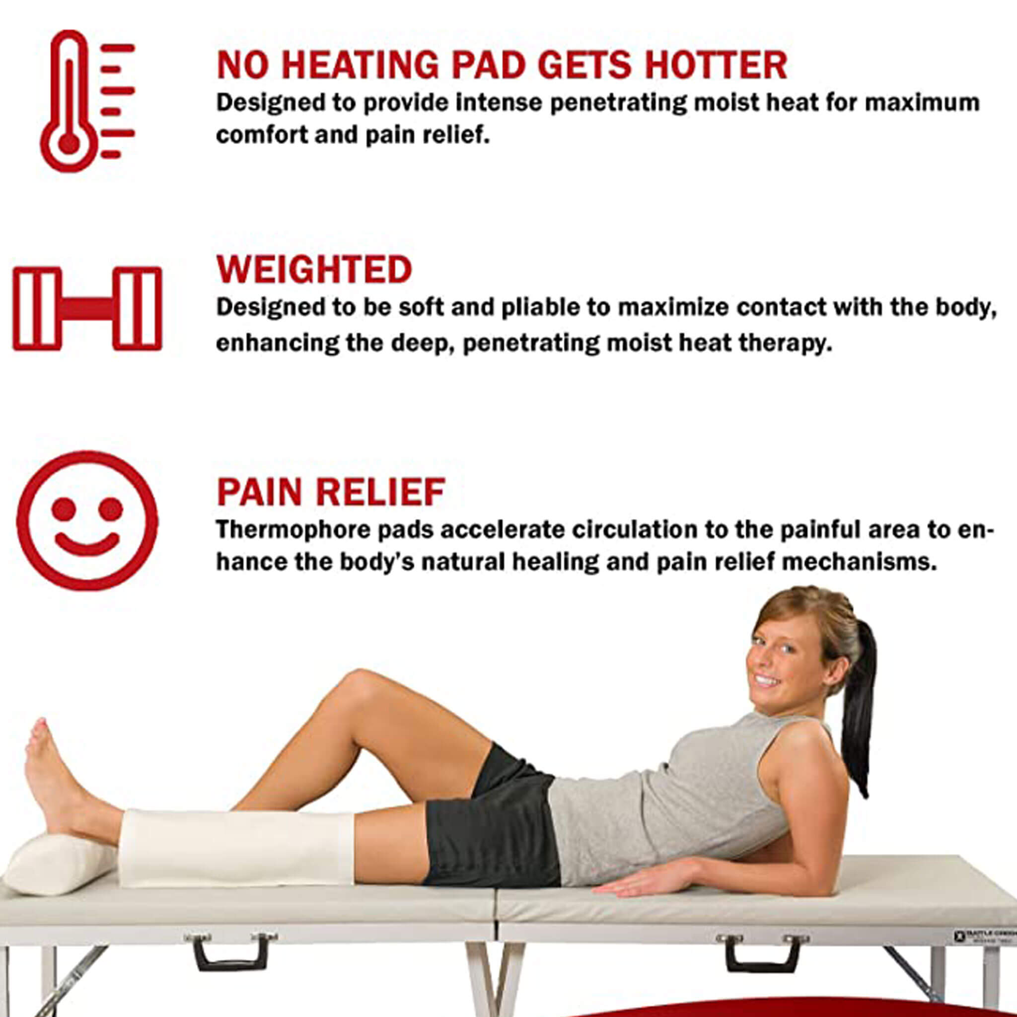 Thermophore Heating Pad Classic 14" x 14" model on table unit on leg from WR Linens