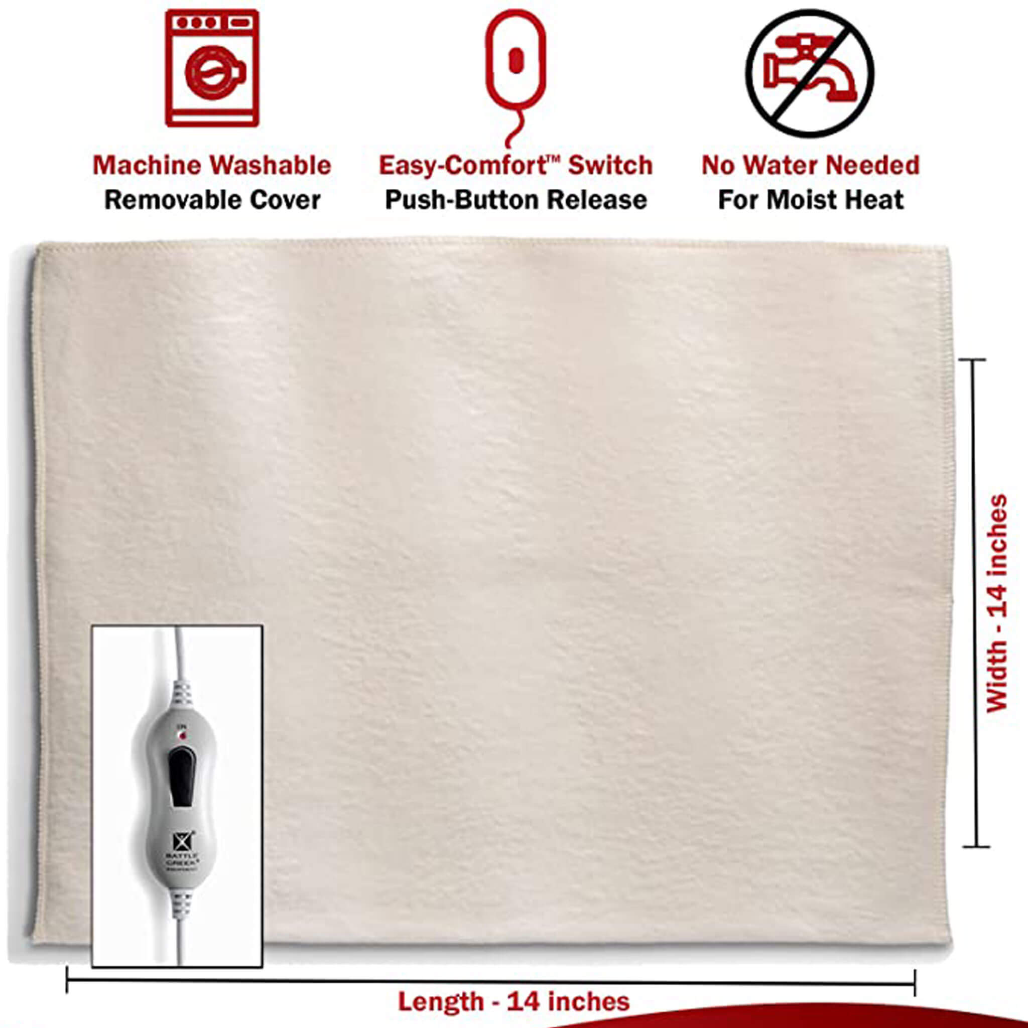 Thermophore Heating Pad Classic 14" x 14" showing measurement diagram from WR Linens