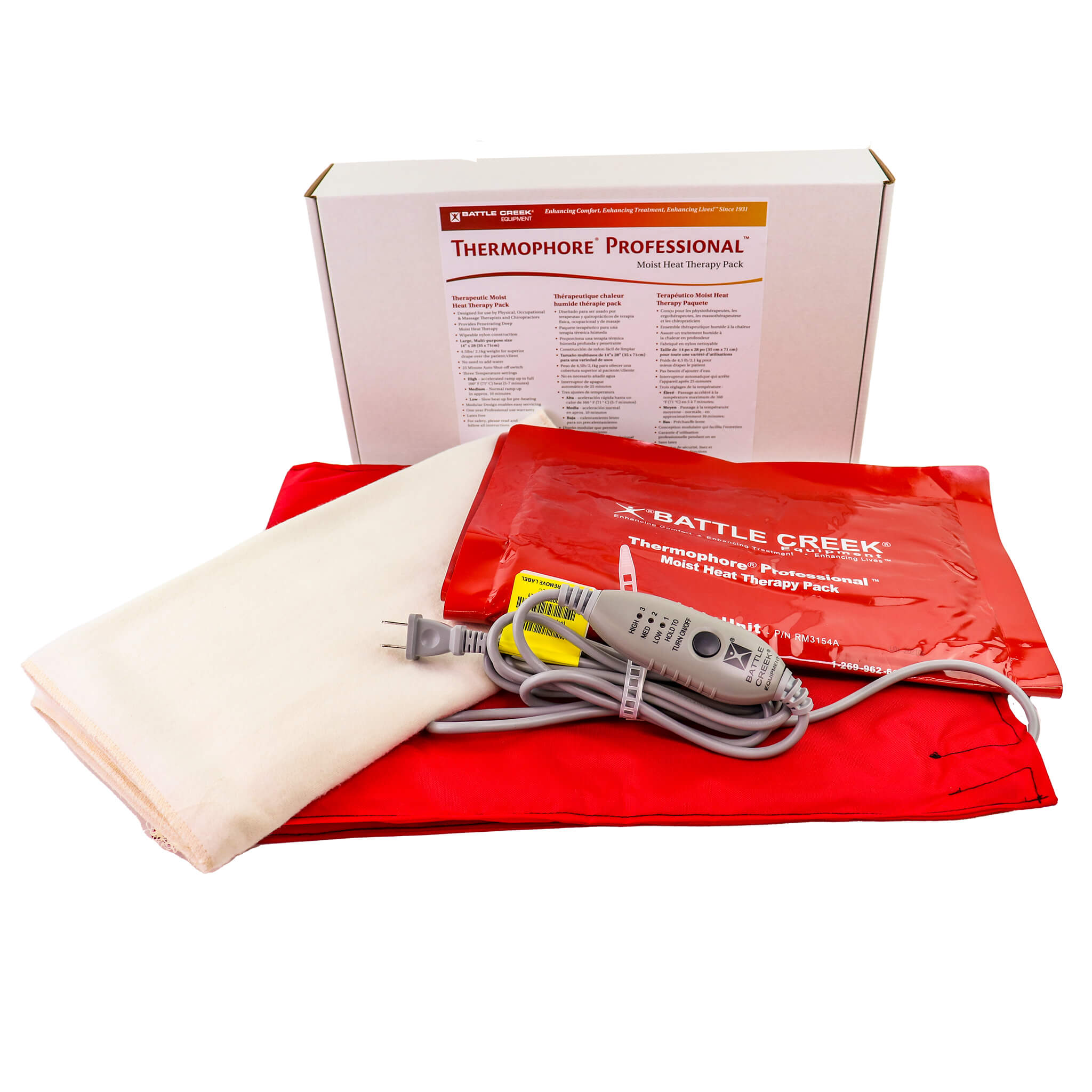 Thermophore Professional Heating Pad and packaging against a white background from WR Linens